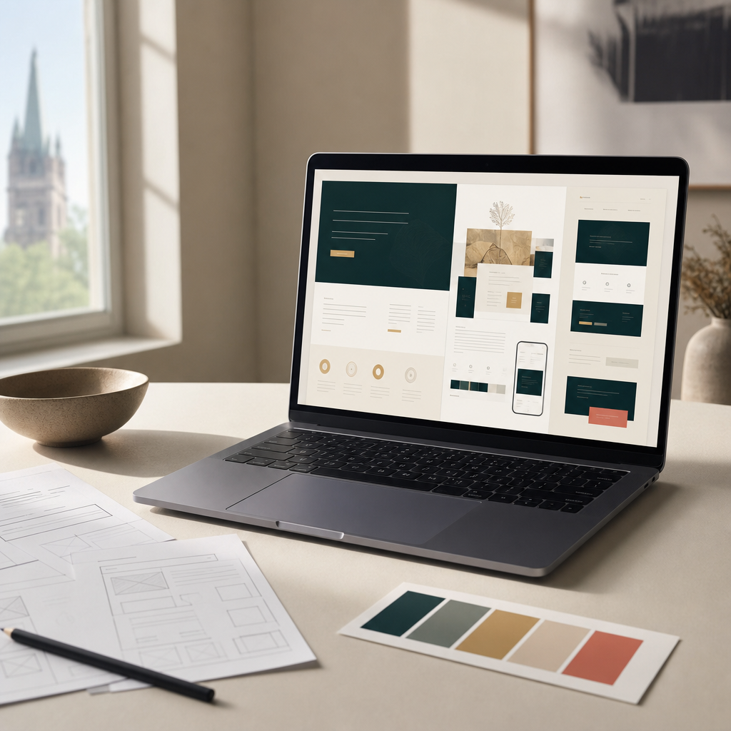Laptop showing a custom website design system beside wireframes and colour swatches