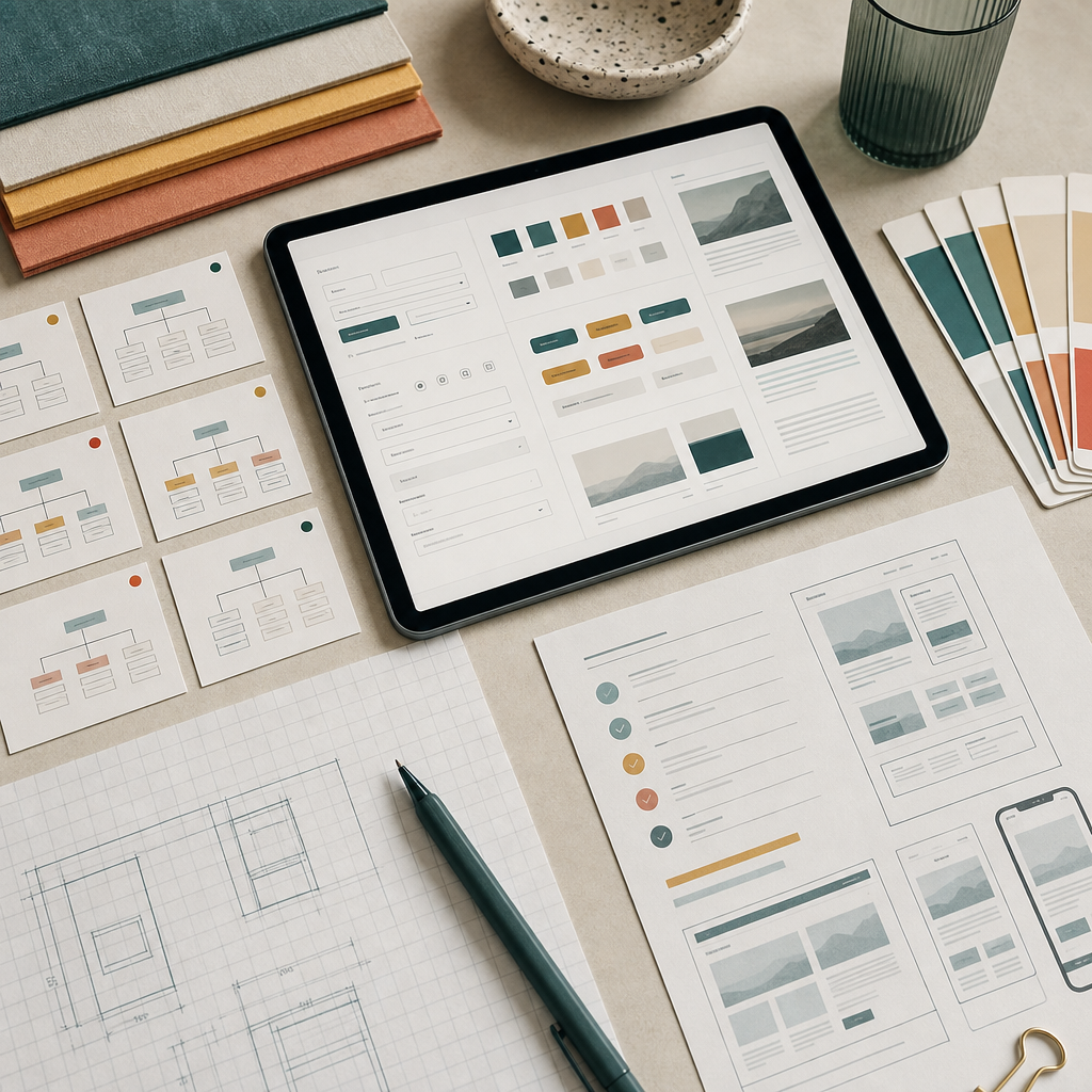 Web design process materials including responsive wireframes, a component library, and planning notes