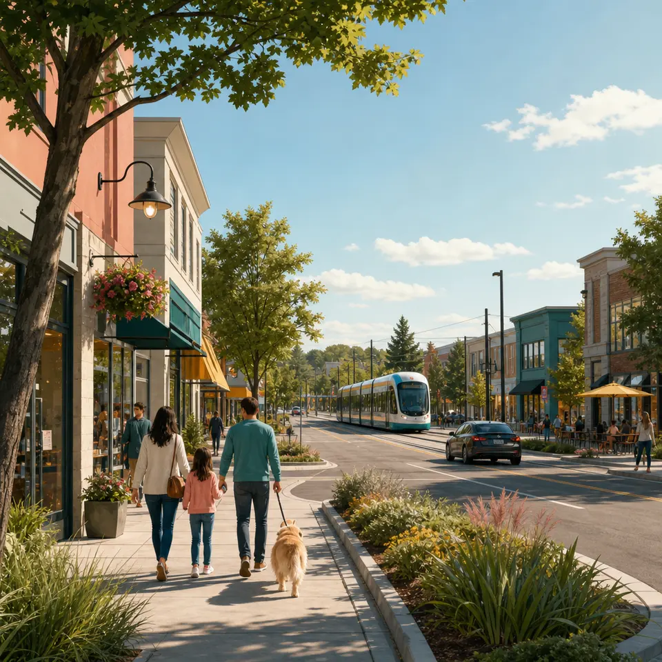 A streetscape and businesses in Orléans, East Ottawa