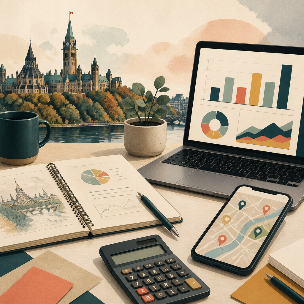 Desk with a calculator and abstract local SEO planning charts.