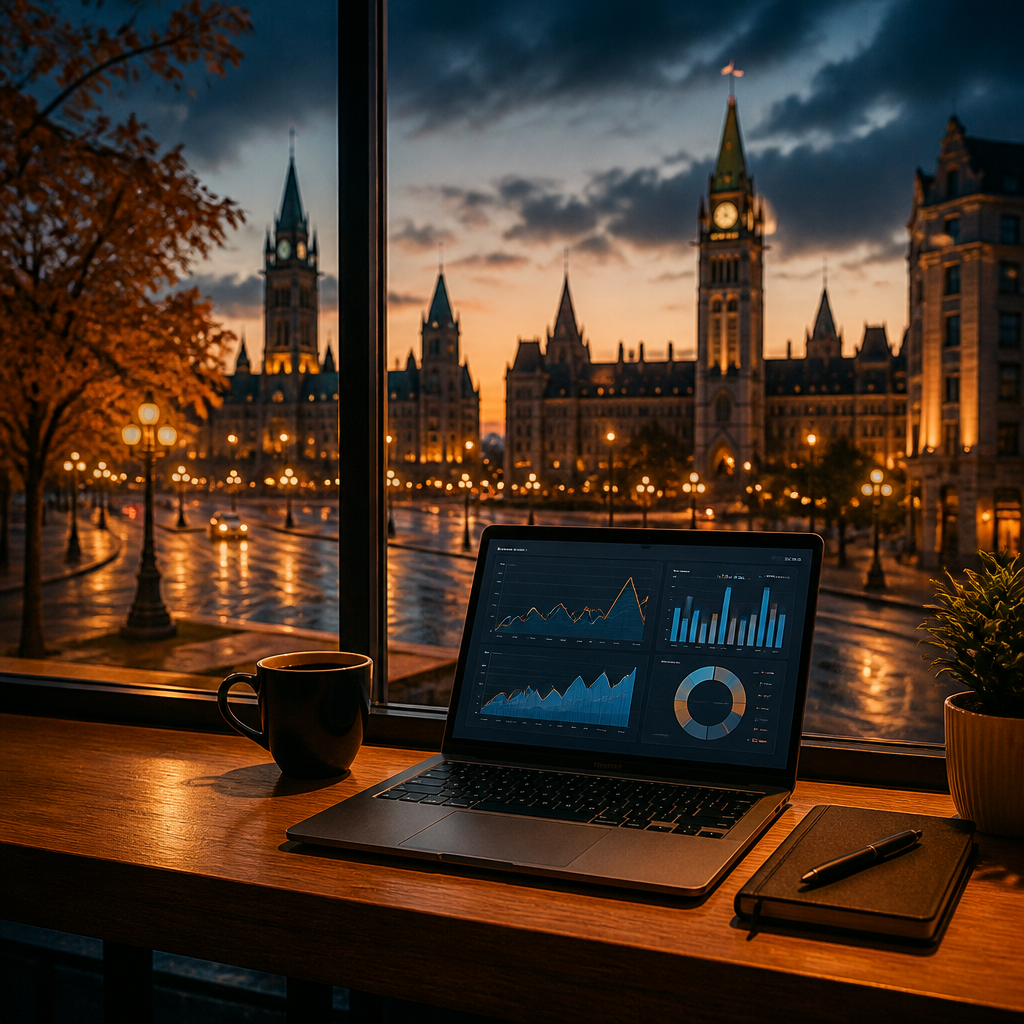Ottawa SEO planning guide with a laptop showing abstract search analytics beside the Ottawa skyline.