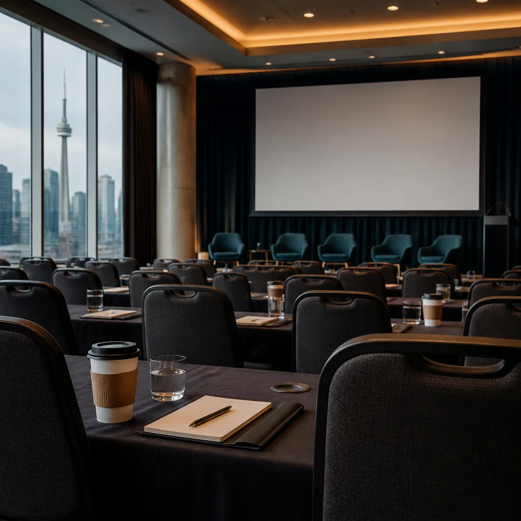 AI-generated illustration of an unbranded Toronto conference room with empty seats and a blank stage screen.
