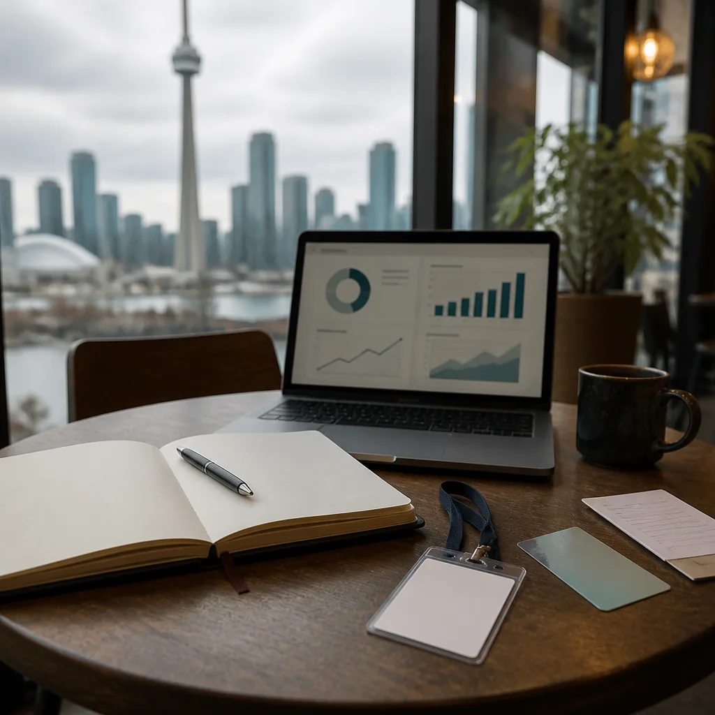 AI-generated illustration of a blank notebook, generic charts, and an unbranded conference badge on a Toronto cafe table.