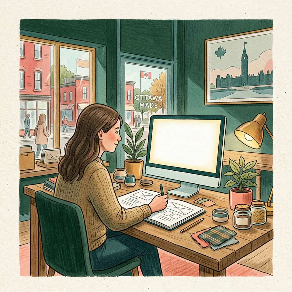 Ottawa small-business owner planning website content at a worktable