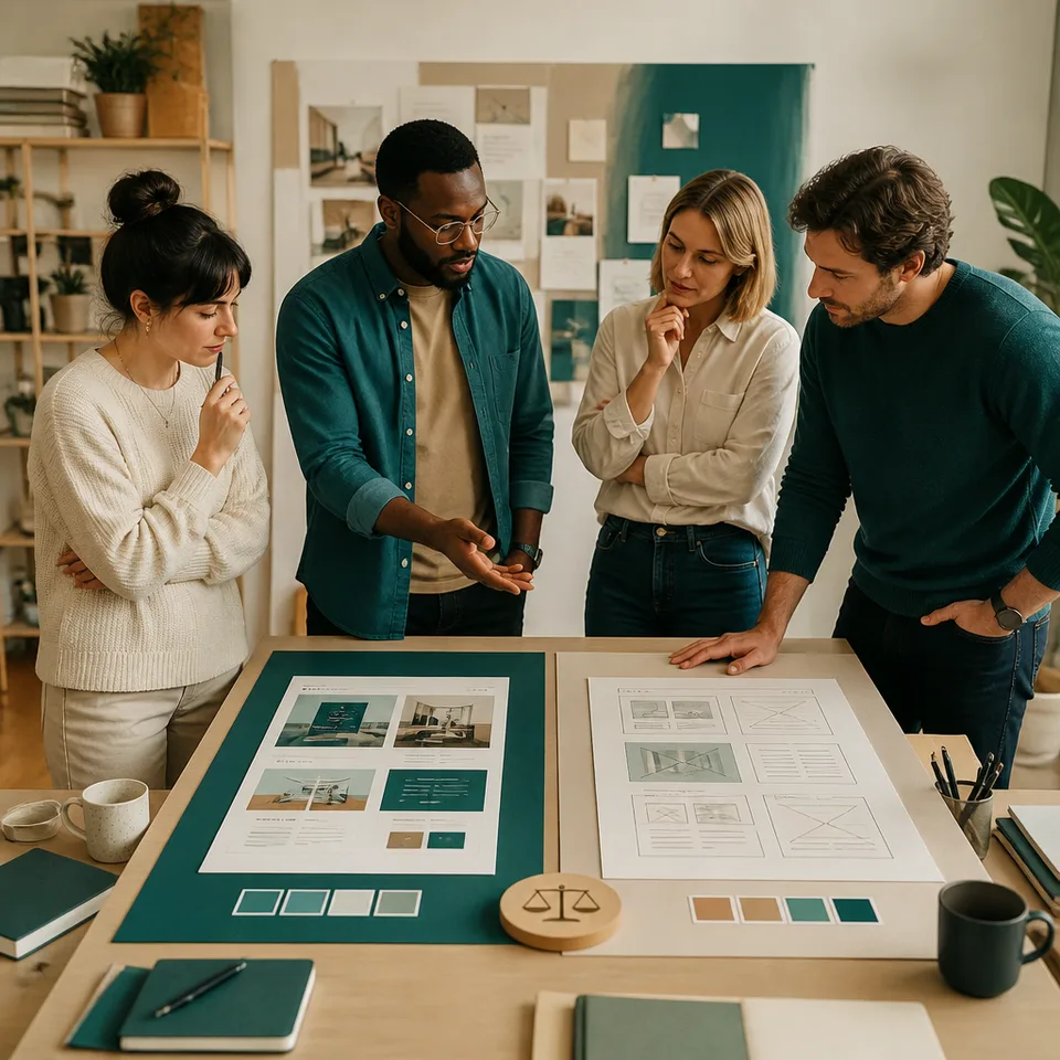 Ottawa team reviewing Squarespace templates beside a custom website wireframe
