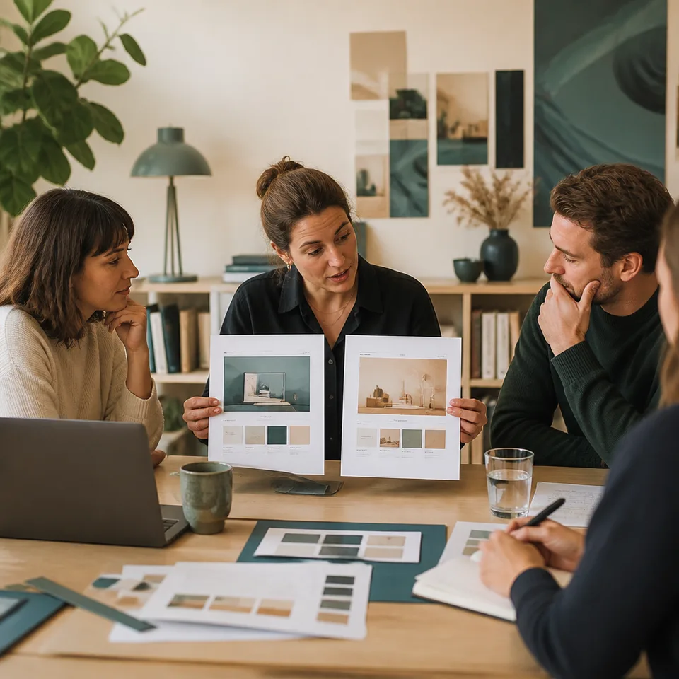 Client and website professionals reviewing a project plan together