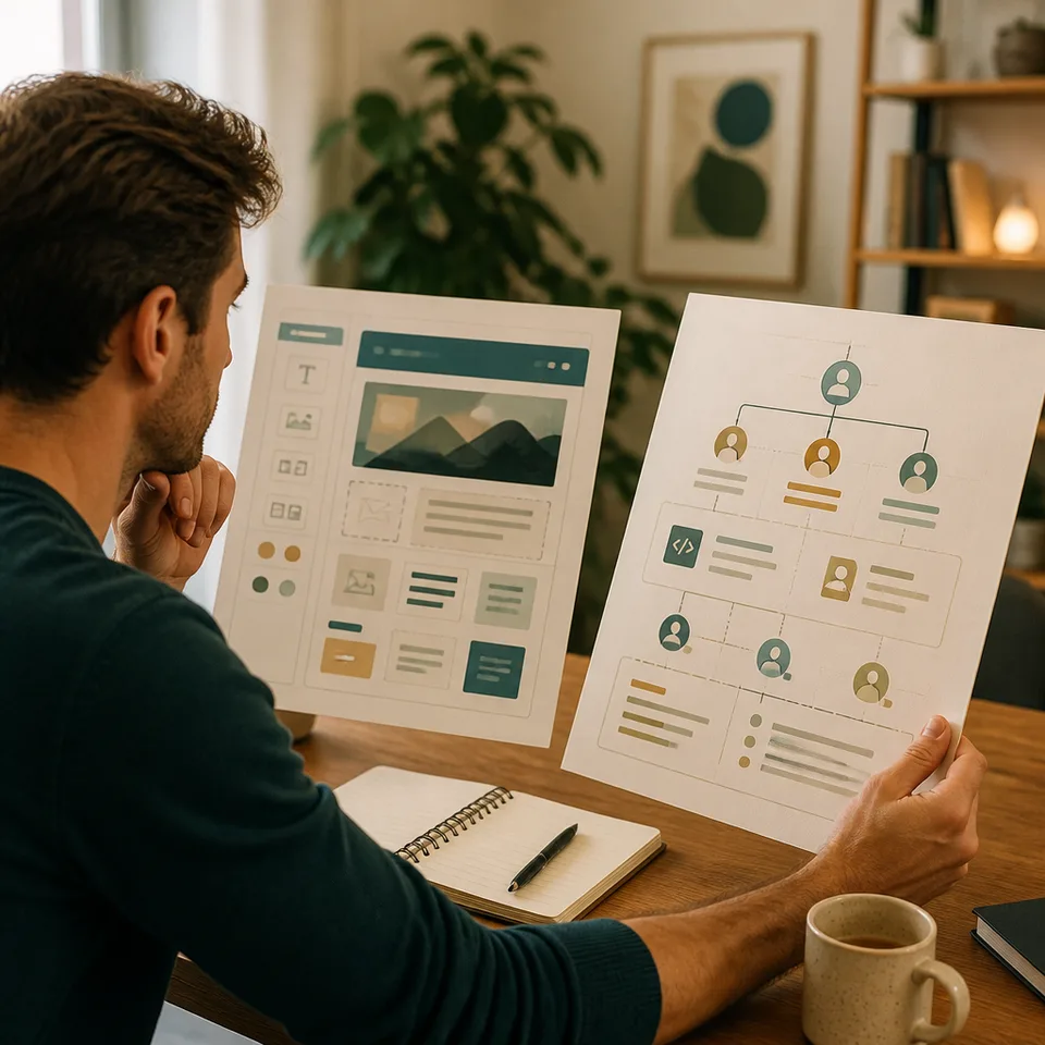 Website builder interface beside custom development notes