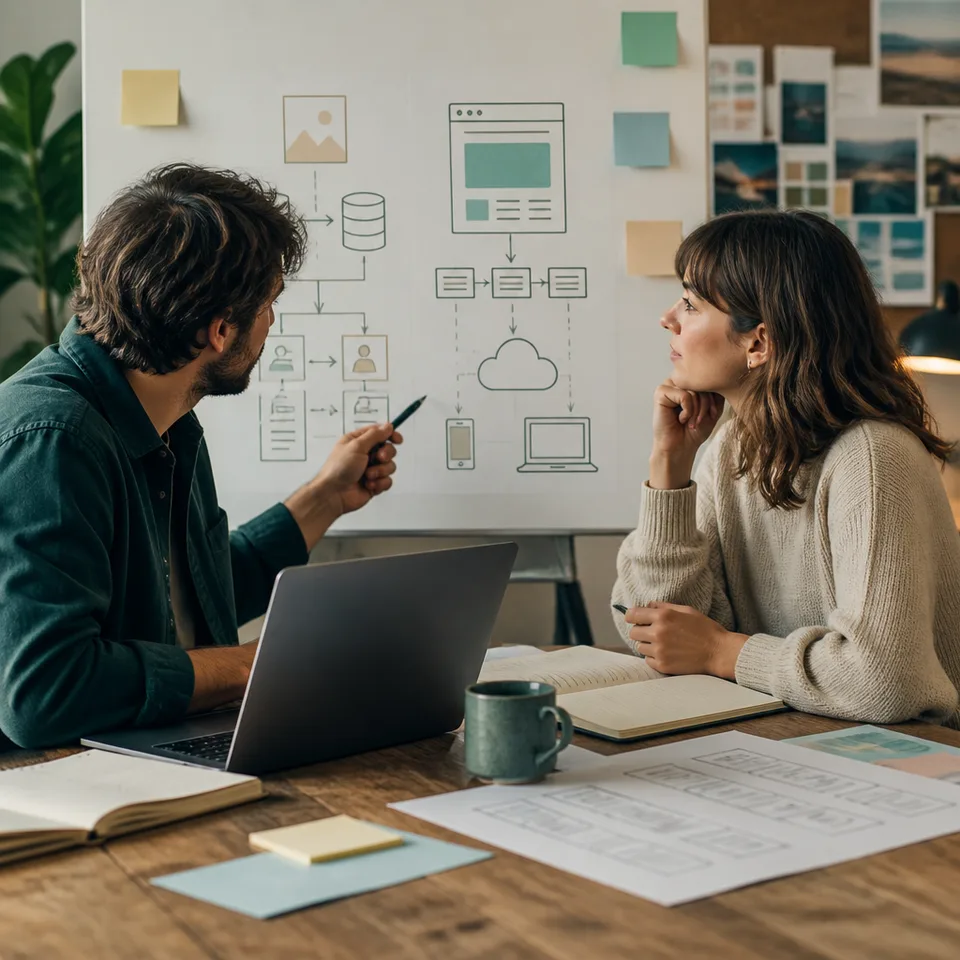 Developer and editor reviewing WordPress and Next.js website architecture